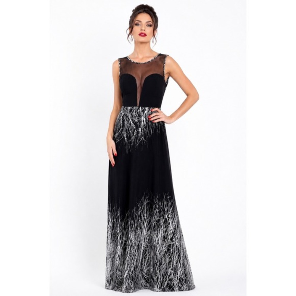 Japonica‎ Womens Black White Branch Print Mesh Illusion Maxi Dress Size M